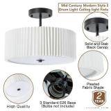 Bargeni Semi Flush Mount Ceiling Light,12.5 inch Ceiling Light Fixture,Black Flush Mount Light Fixture with Pleated Fabric Drum Shade,Light Fixtures Ceiling Mount for Bedroom,Living Room,Hallway