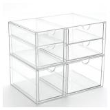 Prsildan Acrylic Drawer Makeup Organizer with 6 Drawers, Set of 2 Office Desk Organizers Accessories, Clear Stackable Storage Drawers for Vanity, Craft, Not for Baby Bottle (Largest Drawer 4\" Tall)