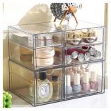 Prsildan Acrylic Drawer Makeup Organizer with 6 Drawers, Set of 2 Office Desk Organizers Accessories, Clear Stackable Storage Drawers for Vanity, Craft, Not for Baby Bottle (Largest Drawer 4\" Tall)