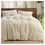 Bedsure Cooling Waffle Duvet Cover Queen - Cotton Blend Rayon Derived from Bamboo Duvet Cover Set for Hot Sleepers, Breathable Bedding Set with a Vintage Charm, 3 Pieces (Beige, Queen, 90\"x90\")