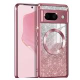Casetego for Google Pixel 8A Case,Compatible with MagSafe,Glitter Sparkle Magnetic Plated Slim Shockproof Soft TPU Bumper Full Protection Case for Google Pixel 8A,Rose Gold