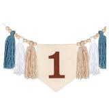 Handmade Boho High Chair Banner for 1st Birthday Party Decoration, Blue and White First One High Chair Banner Wall Hanging Decorative for Baby Boy Baby Shower