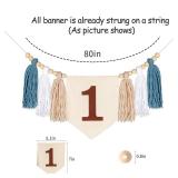 Handmade Boho High Chair Banner for 1st Birthday Party Decoration, Blue and White First One High Chair Banner Wall Hanging Decorative for Baby Boy Baby Shower