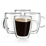 YUNCANG Double Wall Coffee Mugs, (4-Pcak) 16 Ounces-Clear Glass with Handle,lnsulated,Cappuccino,Tea,LatteCups,Beverage Glasses Heat Resistant