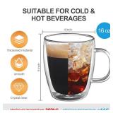 YUNCANG Double Wall Coffee Mugs, (4-Pcak) 16 Ounces-Clear Glass with Handle,lnsulated,Cappuccino,Tea,LatteCups,Beverage Glasses Heat Resistant