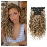 REECHO Curly Hair Extensions, 4PCS 16 inch Clip in Hair Extensions Lace Weft Short Curly Extension Clip Ins Invisible Natural Hairpieces for Women, Brown with Deep Blonde Highlights