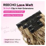 REECHO Curly Hair Extensions, 4PCS 16 inch Clip in Hair Extensions Lace Weft Short Curly Extension Clip Ins Invisible Natural Hairpieces for Women, Brown with Deep Blonde Highlights