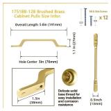 Goo-Ki 6 Pack Brushed Brass Cabinet Handle Drawer Pulls - 3\" (76mm) Hole Modern Bar Handles Pull Kitchen Cabinet Hardware for Dresser Cupboard Bathroom Wardrobe, 1751TLS-76