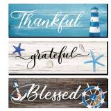 Yookeer 3 Pieces Thankful Grateful Blessed Wooden Signs Coastal Rustic Wood Signs Wall Decor Beach Wood Front Hanging for Farmhouse Outdoor Decor(Coastal Style)