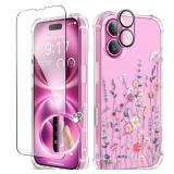 GVIEWIN for iPhone 16 Plus Case, with Screen Protector & Camera Lens Protector, Floral Shockproof Protective Bumper Slim Soft Clear Phone Cover for Women 2024 6.7\"(Floratopia/Colorful)