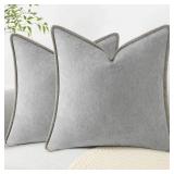 decorUhome Chenille Soft Throw Pillow Covers 18x18 Set of 2, Farmhouse Velvet Neutral Decorative Euro Pillow Covers with Stitched Edge for Couch Sofa Bed Home Decor, Neutral Gray