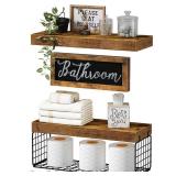 QEEIG âBathroom Shelves Over Toilet - Paper Storage Wall Mounted Farmhouse Decor Decorations Aesthetic DÃ©cor Sign Small Floating Shelf 2+1 Set 16 inch, Rustic Brown (020BN)