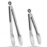 Hotec Stainless Steel Kitchen Tongs Set of 2 - 9\" and 12\", Locking Metal Food Tongs Non-Slip Grip