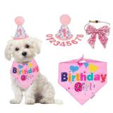 ADOGGYGO Dog Birthday Party Supplies, Pink Girl Puppy Birthday Bandana Hat Numbers Bow Set for Small Dogs Pets (Small)