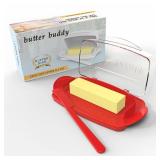 Butter Dishes with Lid for Countertop Refrigerator, Plastic Butter Dish Clear Flip Top Lid Butter Container with Spreader, Non-Slip Bottom Butter Holder Keeper (Transparent Cover Red)