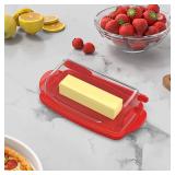 Butter Dishes with Lid for Countertop Refrigerator, Plastic Butter Dish Clear Flip Top Lid Butter Container with Spreader, Non-Slip Bottom Butter Holder Keeper (Transparent Cover Red)