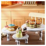 Thyle Rustic Round Wood Tray Riser Set of 3 Wooden Beaded Cupcake Pedestal Stand Round Farmhouse Wood Cake Holder Multiple Sizes Dessert Stands for Wedding Birthday Decor Height 7\" 9.5\" 12\"(White)