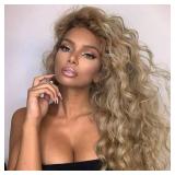 Fencca Ombre Light Brown Curly Wig Heat Synthetic Wig Long Brown Wavy Curly Wigs for Women Loose Curly Hair Wigs for Daily Party