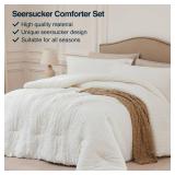 Quataly Beige Full Comforter Set - 3 Pieces Seersucker Lightweight Bedding Comforter Sets (1 Soft Fluffy Comforter & 2 Pillowcases) - All Seasons Cozy Farmhouse Bed Sets for Women Men
