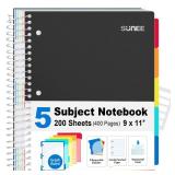 SUNEE 5 Subject Graph Paper Notebook - 400 Pages, 9\x11\in, 4x4 Graph Ruled Notebook, 5 Pocket Colored Dividers, 3-Hole Punched Paper, Black - Retail: $15in
