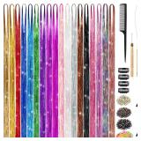 Hair Tinsel Kit (48 Inch,18 Colors, 4320 strands), Tinsel Hair Extensions with Tools, Heat Resistant Fairy Hair Tinsel Kit for Women Hair Accessories - Retail: $10
