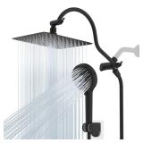 Hibbent All Metal High Pressure Rainfall 10 Inch Shower HeadHandheld Showerhead Combo 12 Inch Adjustable Curved Shower Extension Arm, 10-Spray, 71-inch Hose, Adhesive Showerhead Holder, Matte Black - 