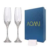 Wedding Champagne Flutes Toasting Glasses, Silver 7oz Toasting Flute Pair Crystal Metal Base with Sparkling Crystals for Wedding Anniversary Party Birthday Banquet and Gift for Bride Groom Giftboxed *