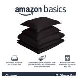 Amazon Basics Lightweight Microfiber 3-Piece Duvet Cover Set with Zipper Closure, FullQueen, Black, Solid - Retail: $20
