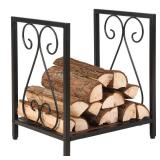 MyGift Firewood Rack Fireplace Log Holder, Modern Black Tone Metal and Burnt Solid Wood Freestanding Stacking Lumber Stand - Retail: $33