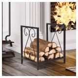 MyGift Firewood Rack Fireplace Log Holder, Modern Black Tone Metal and Burnt Solid Wood Freestanding Stacking Lumber Stand - Retail: $33