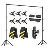 Backdrop Stand 10x7.5ft (WxH), Photo Back Drop Stand for Party, Heavy Duty Background Stand Kit with 6 Clamps and 2 Sandbags - Retail: $40