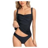 KOKITA Tankini Swimsuits for Women Tummy Control Bathing Suits Halter Ruched Tops Two Piece Swimwear Sets Black M - Retail: $20