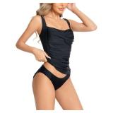 KOKITA Tankini Swimsuits for Women Tummy Control Bathing Suits Halter Ruched Tops Two Piece Swimwear Sets Black M - Retail: $20