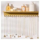 Josmimic Necklace Holder Wall Hanging Organizer: Wall Mounted Jewelry Shelf with 56 Hooks and Tray, Display Hanger for Kids, Girls and Women, Gold and Metal - Retail: $13