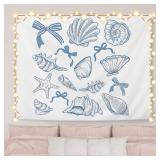 AQYIP Coquette Blue Bow Seashell Ocean Beach Tapestry Wall Hanging, Preppy Beach Tapestry Decorative, Blue Coastal Wall Blanket Decor for Girls Room Dorm Apartment Bedroom, 50x60 Inch - Retail: $19