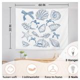AQYIP Coquette Blue Bow Seashell Ocean Beach Tapestry Wall Hanging, Preppy Beach Tapestry Decorative, Blue Coastal Wall Blanket Decor for Girls Room Dorm Apartment Bedroom, 50x60 Inch - Retail: $19