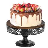 Eorbow Wood Cake Stand, 12 Inch Rustic Wedding Cupcake Holder, Footed Dessert Display Riser with Metal Base, Hosting Pedestal Essential for Charcuterie Decor Birthday Baby Shower Tea Party, Black - Re