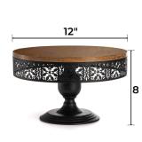 Eorbow Wood Cake Stand, 12 Inch Rustic Wedding Cupcake Holder, Footed Dessert Display Riser with Metal Base, Hosting Pedestal Essential for Charcuterie Decor Birthday Baby Shower Tea Party, Black - Re