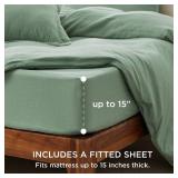 Bedsure Duvet Cover Queen Size with Fitted Sheet - 4 Pieces Prewashed Cotton-Like Extra Soft Bedding Set, Includes 1 Duvet Cover 90x90 Inches, 2 Pillow Shams, 1 Fitted Sheet, Sage Green - Retail: $45