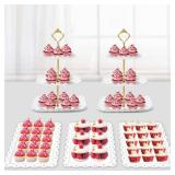 PinCute 5 Pcs Dessert Table Display Set - 2 X Cupcake Stand HolderCup Cake Tier Tower and 3 X Serving Tray Combo for Tea Party, Birthday, Baby Shower (Wave Square) - Retail: $19