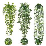 RECUTMS Fake Plants Hanging with Pots 3 Pack Artificial Ivy Vine Fake Potted Plants Artificia Eucalyptus Plants Mandala Ivy Vine Leaves Pea Pod Shelf Plants for Home Room Wall Indoor Outdoor Decor - R