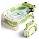 BUNWAG Baby Bathtub, Collapsible Newborn Bathtub for Infant to Toddler 0-24 Months with Soft Cushion and Thermometer,Portable Travel Newborn Tub with No-Slip Feet, Baby Shower Gifts,Green - Retail: $5
