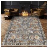RUGSURE Washable Area Rugs - Perfect for Living Room, Bedroom, Kids Room, Nursery - Stain and Water Resistant Non-Slip, Pet and Child Friendly, Vintage Tribal Area Rugs (Turmeric and Grey, 4