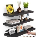 BAYKA Floating Shelves for Wall, Wall Mounted Rustic Wood Shelves for Bathroom, Bedroom, Living Room, Kitchen, Hanging Shelf for BooksStorageRoom Decor with 22lbs Capacity (Black, Set of 3, 15.7in) - 