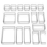 SMARTAKE 16-Piece Drawer Organizer with Non-Slip Silicone Pads, 5-Size Desk Storage Tray for Makeup, Jewelries, Utensils in Bedroom Dresser, Office and Kitchen, Clear - Retail: $22