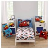 Disney Cars Radiator Springs White, Blue, and Red Lightning McQueen and Tow-Mater 2 Piece Toddler Sheet Set - Fitted Bottom Sheet and Reversible Pillowcase - Retail: $20