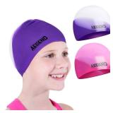 Aegend 2 Pack Kids Swim Cap for Girls Boys Age 8-15, Waterproof Swim Cap Durable Silicone Kids Swimming Cap for Long Hair, Purple and Pink - Retail: $9