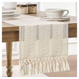 ZeeMart Macrame Style Boho Table Runner, Ivory Table Runners 60 Inches Long, Farmhouse Woven Home Decor, 12x60 Inch, Ivory - Retail: $10