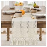 ZeeMart Macrame Style Boho Table Runner, Ivory Table Runners 60 Inches Long, Farmhouse Woven Home Decor, 12x60 Inch, Ivory - Retail: $10