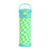 THERMOS FUNTAINER 16 Ounce Stainless Steel Vacuum Insulated Bottle with Wide Spout Lid, Wavy Checkers Teal - Retail: $17